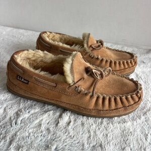 LL Bean LN Men's Brown Suede Shearling Wicked Good Moccasin Slipper Shoe 8